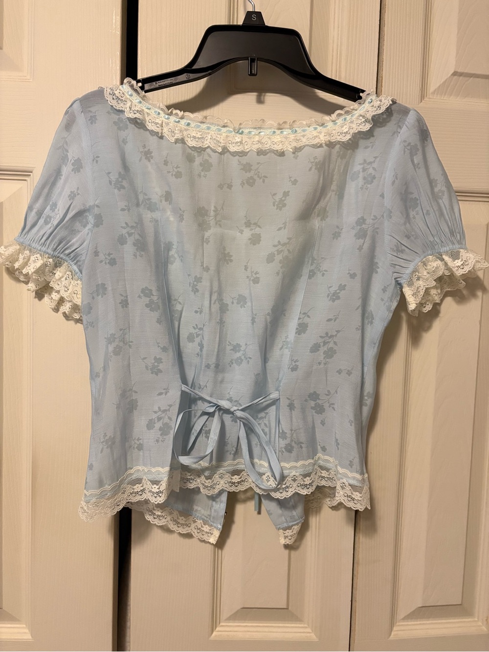 Lacemade- Light Blue Lace-Trim Peasant Blouse - Feminine Puff Sleeve Top - Picture 3 of 3